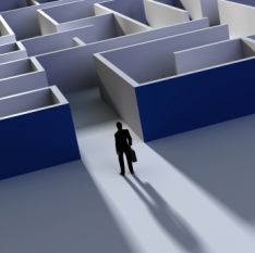 This photo shows a man standing at the entrance of a maze. Achieving your career goals can be daunting but by using these tools you can be successful